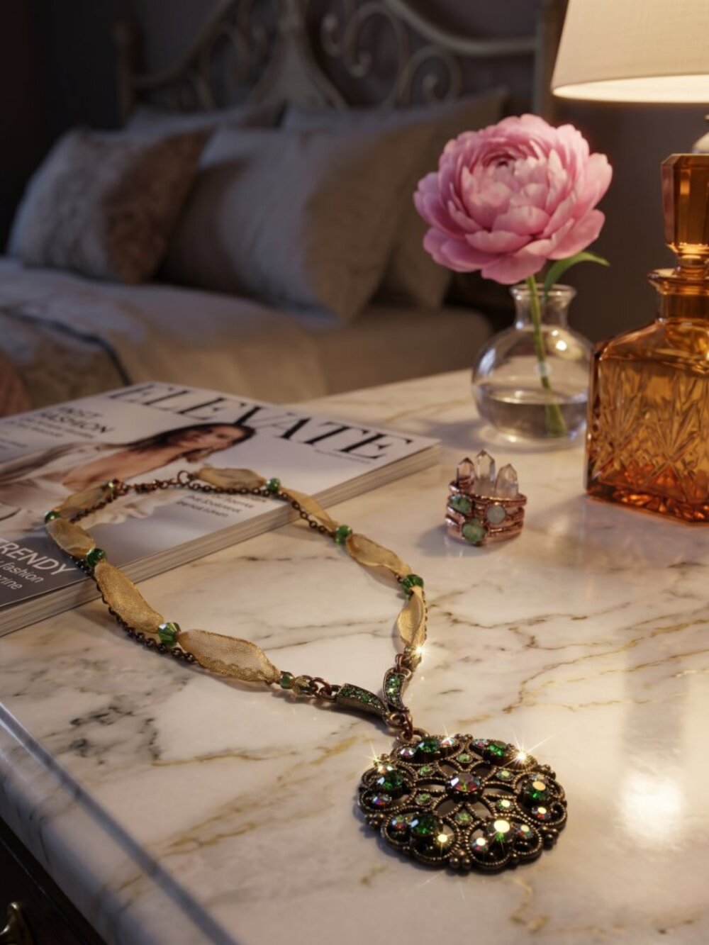 Vintage Filigree-style Pendant Necklace w/Multi-colored Crystal Rhinestones - Picture 3 of 16